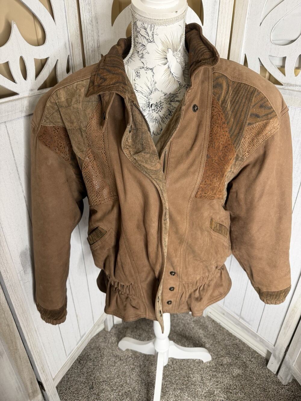 Vintage Winlit Womens Leather Jacket Patchwork Brown Animal Print Size Medium